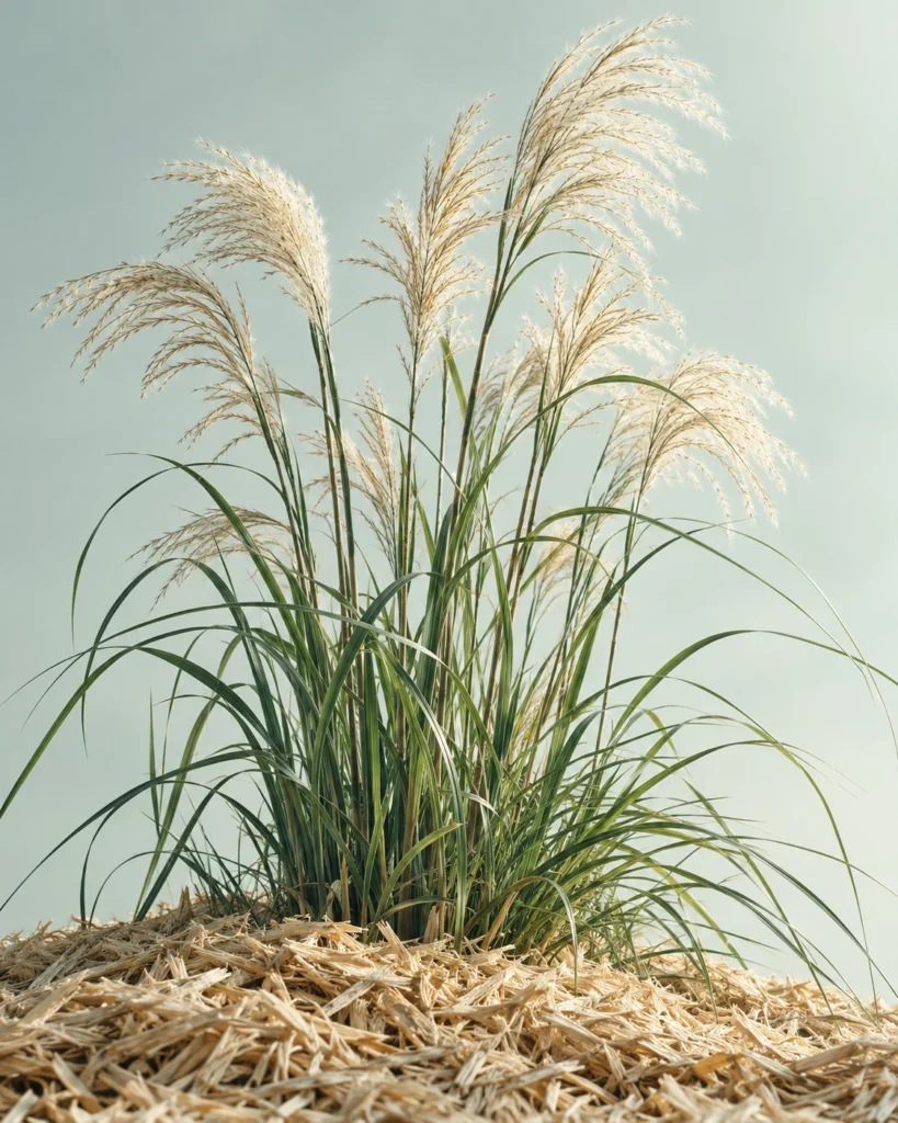 Miscanthusgras met lichte pluimen boven een laag natuurlijke mulch